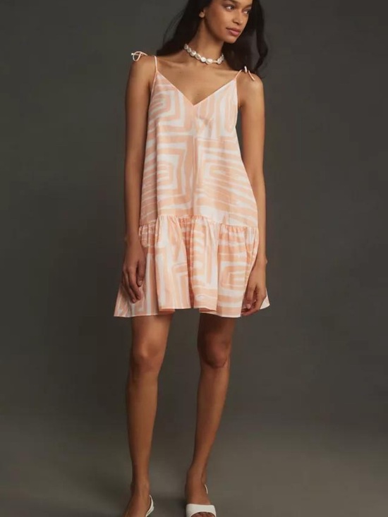 Anthropologie Dresses & Skirts - Maeve Anthropologie Peach White Tie Shoulder Cotton Mini Dress XS